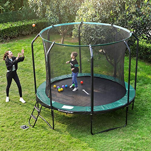 SONGMICS 305 cm Cama Elástica, Redonda Cama Elástica de Jardín con Red de Seguridad Interior, Escalera, Postes Acolchados, para Niños y Adultos, Negro y Verde Oscuro STR103C01