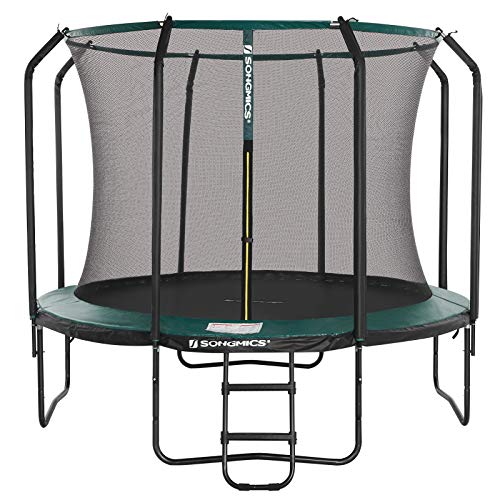 SONGMICS 305 cm Cama Elástica, Redonda Cama Elástica de Jardín con Red de Seguridad Interior, Escalera, Postes Acolchados, para Niños y Adultos, Negro y Verde Oscuro STR103C01