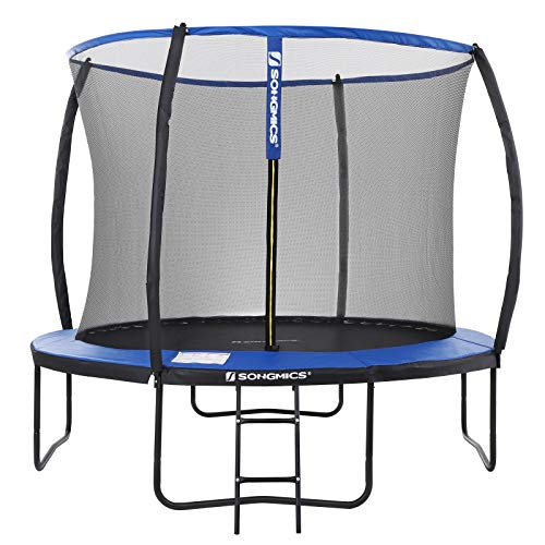 SONGMICS Trampolín de Jardín, Cama Elástica 305 cm con Red de Seguridad, Escalera, Postes de Arco Acolchado, Prueba de Seguridad TÜV Rheinland, Negro y Azul STR10BK