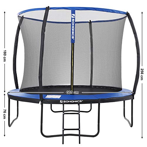 SONGMICS Trampolín de Jardín, Cama Elástica 305 cm con Red de Seguridad, Escalera, Postes de Arco Acolchado, Prueba de Seguridad TÜV Rheinland, Negro y Azul STR10BK