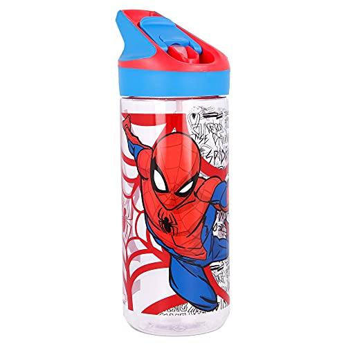 Spiderman | Botella de Tritan Reutilizable para Niños | Cantimplora Reusable con Sistema Antigoteo y Pajita de Silicona - Facil Apertura con botón - Sin BPA - Capacidad: 620 ml