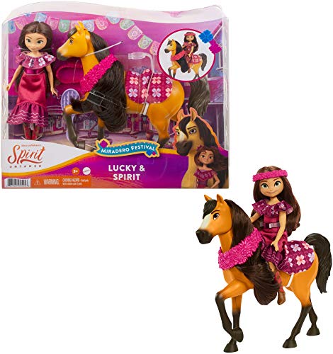 Spirit con Lucky Festival Muñeca articulada con vestido y con caballo de juguete con crin y cabeza articulada (Mattel GXF63)