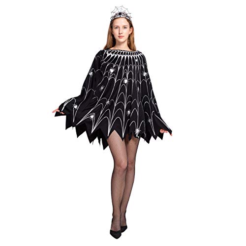 Spooktacular Creations Spider Web Dress Poncho Costumes with Glow Effect and Crown for Women Halloween Party (Standard)