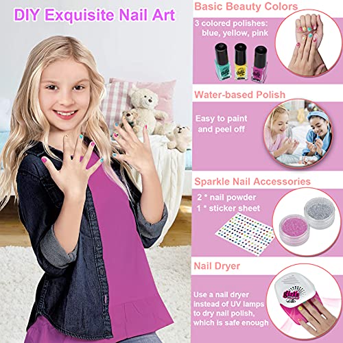 STAY GENT Lavable Maquillaje Infantil para Arte de Las Uñas, 10Pcs Real Set de Maquillaje Pintauñas Niñas con el Secador de Uñas, Cumpleaños para Niñas de 5+ años