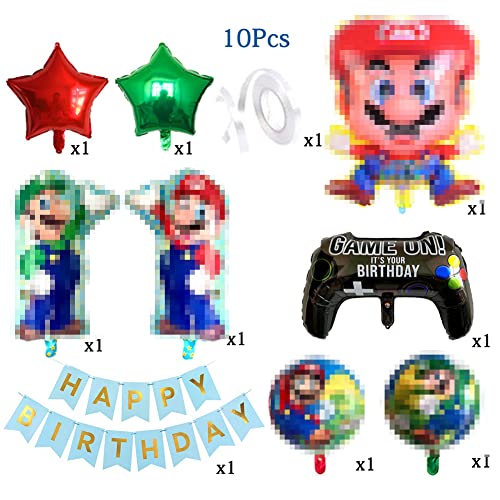 SUNSK Globos Super Globos Cumpleaños Decoracion Bros Globos de Foil Banner Happy Birthday Banderolas para Fiesta de Cumpleaños Baby Shower Niño 10 Piezas