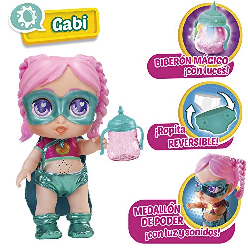 Super Cute - Super Cute Muñeca Superheroína Gabi con biberón mágico, ropa reversible y accesorios Muñeca interactiva con luz y sonidos Muñecas niñas niños 3 años Muñecas bebé recién nacido (85392)