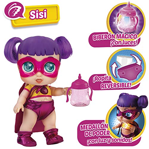 Super Cute - Super Cute Muñeca Superheroína Sisi con biberón mágico, ropa reversible y accesorios Muñeca interactiva con luz y sonidos Muñecas niñas niños 3 años Muñecas bebé recién nacido (85393)