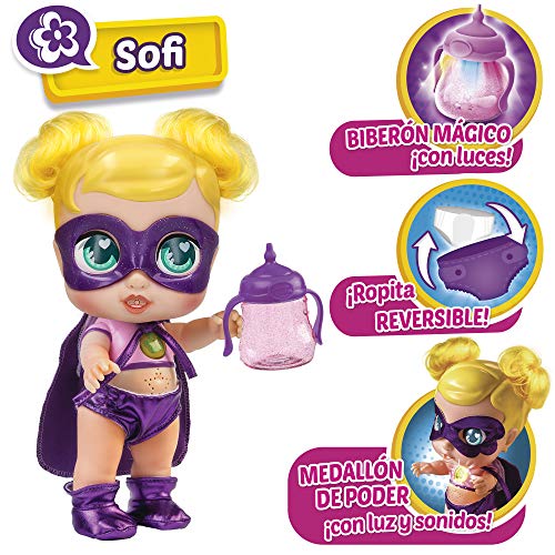 Super Cute - Super cute Muñeca Superheroína Sofi con biberón mágico, ropa reversible y accesorios Muñeca interactiva con luz y sonidos Muñecas niñas niños 3 años Muñecas bebé recién nacido (85391)