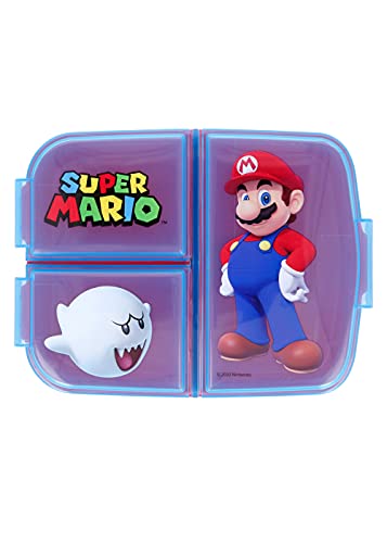 Super Mario - Fiambrera para niños, con 3 compartimentos y pegatinas de nombre para niños