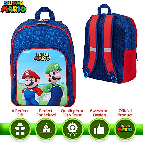 Super Mario Mochilas Escolares, Mochila Niño con Mario Bros y Luigi, Mochila Infantil para Colegio Deporte Viajes, Regalos Para Niños y Adolescentes