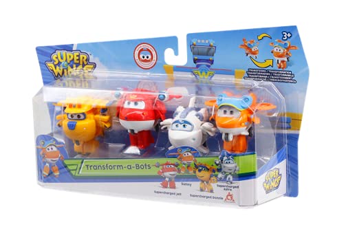 Super Wings-Transform-A-Bots 4 Unidades – 2" Donnie, Supercharged Jett, Super Charged Astra & Sunny, Colores Variados (Alpha Animation EU750040A)