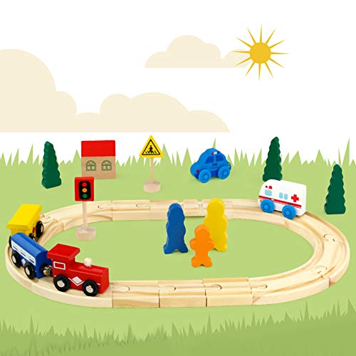 Symiu Mini Juguete de Madera Construcciones Pista Juego de Tren y Coches Educativo Regalo para Niños 3 4 5 6 7 Años(33 Pcs)