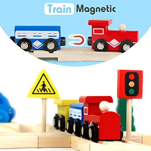 Symiu Mini Juguete de Madera Construcciones Pista Juego de Tren y Coches Educativo Regalo para Niños 3 4 5 6 7 Años(33 Pcs)