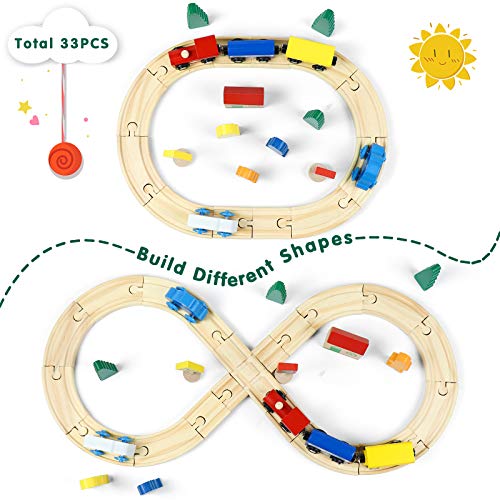 Symiu Mini Juguete de Madera Construcciones Pista Juego de Tren y Coches Educativo Regalo para Niños 3 4 5 6 7 Años(33 Pcs)