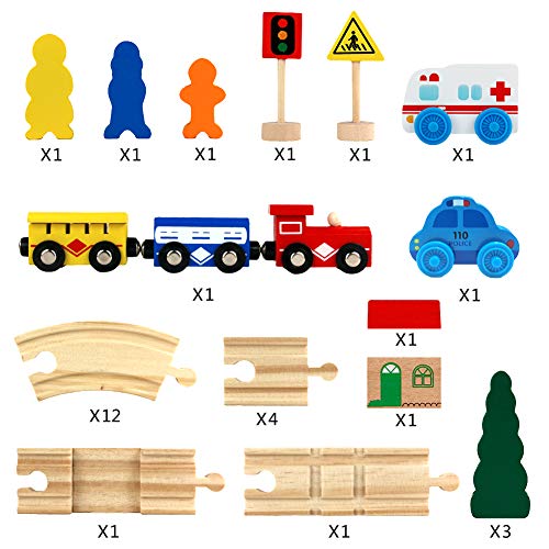 Symiu Mini Juguete de Madera Construcciones Pista Juego de Tren y Coches Educativo Regalo para Niños 3 4 5 6 7 Años(33 Pcs)