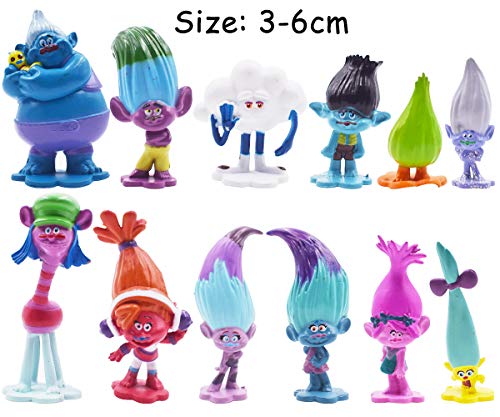 SZWL 12pcs Trolls Doll Cake Toppers, Mini Trolls Figuras de acción Cumpleaños Cake Topper, Troll Cake Decoración para niños Cumpleaños Baby Shower Troll Theme Party Supplies