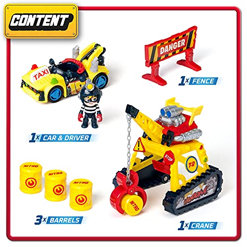 T-Racers Turbo Crane – Grúa con Pinza, 1 piloto y 1 Coche Exclusivo y Accesorios. Pista de Coches de Juguete