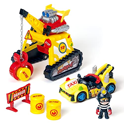 T-Racers Turbo Crane – Grúa con Pinza, 1 piloto y 1 Coche Exclusivo y Accesorios. Pista de Coches de Juguete