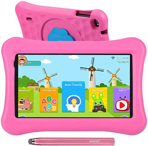 Tablet para niños de 10.1 Pulgadas AWOW Tablet Infantil, Android 10 Go Quad Core, 32GB ROM, iWawa Preinstalado, con Kid-Proof Funda y Lápiz Táctil, Control Parental, Doble Cámara, Rosa