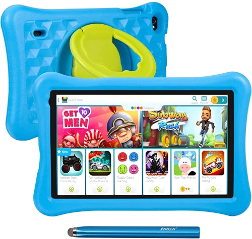 Tablet para niños de 10.1 Pulgadas AWOW Tablet Infantil, Android 10 Go Quad Core, 32GB ROM, KIDOZ Preinstalado, con Kid-Proof Funda y Lápiz Táctil, Control Parental, Doble Cámara, Azul