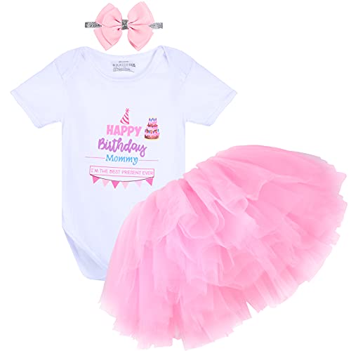 Tacobear 3 piezas Conjunto Primer Cumpleaños Niña Falda Niña 1 Años con Trajes Mameluco & Falda & Diadema Unicornio/Lazo/Flores Regalo para Niños de 12-18 Meses(Hilo rosa)