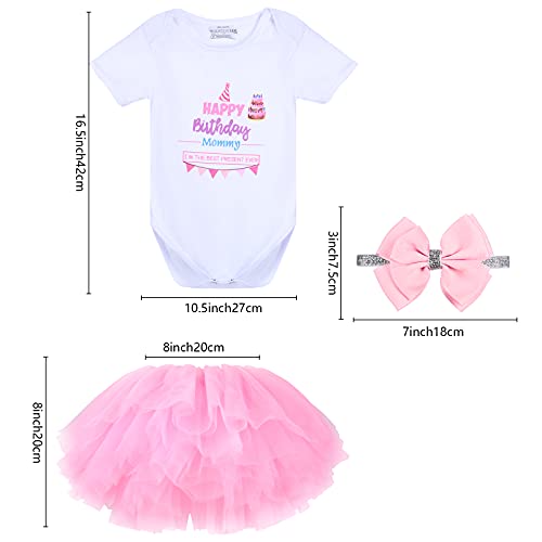 Tacobear 3 piezas Conjunto Primer Cumpleaños Niña Falda Niña 1 Años con Trajes Mameluco & Falda & Diadema Unicornio/Lazo/Flores Regalo para Niños de 12-18 Meses(Hilo rosa)