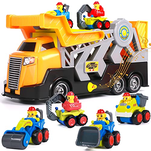 Tacobear 5 en 1 Camión de Construcción Coches Juguete Camión de Transporte Grandes con Sonido Pequeños Topadora Excavadora Camiones de Juguetes Regalos para Niños Niñas