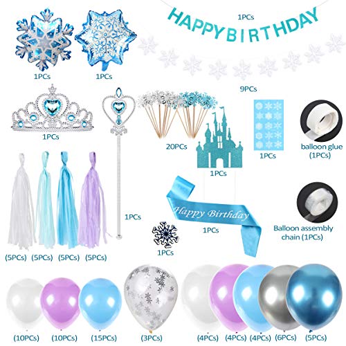 Tacobear Elsa Frozen Fiesta Cumpleaños Decoración Azul Fiesta Guirnalda de Globos Cake Cupcake Topper Banner Guirnalda de Borlas Tiara Varita mágica para Niñas Frozen Cumpleaños Fiesta Suministros