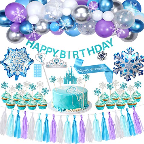 Tacobear Elsa Frozen Fiesta Cumpleaños Decoración Azul Fiesta Guirnalda de Globos Cake Cupcake Topper Banner Guirnalda de Borlas Tiara Varita mágica para Niñas Frozen Cumpleaños Fiesta Suministros