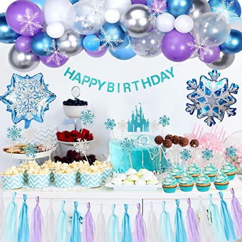 Tacobear Elsa Frozen Fiesta Cumpleaños Decoración Azul Fiesta Guirnalda de Globos Cake Cupcake Topper Banner Guirnalda de Borlas Tiara Varita mágica para Niñas Frozen Cumpleaños Fiesta Suministros