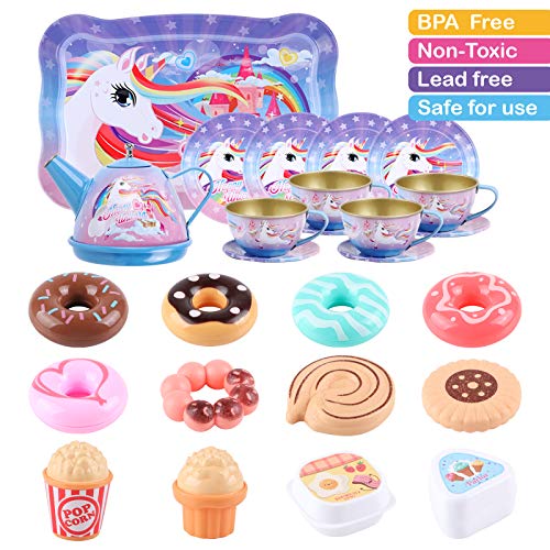 Tacobear Juego de té Infantil Juego de té Juguete con Postre Juguete Estuche de Transporte Estaño Tetera Unicornio Juguete de té Juegos de imitación Unicornio Regalo para Niñas 3 4 5 6 7 8 9 años