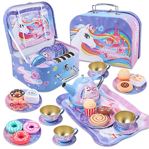 Tacobear Juego de té Infantil Juego de té Juguete con Postre Juguete Estuche de Transporte Estaño Tetera Unicornio Juguete de té Juegos de imitación Unicornio Regalo para Niñas 3 4 5 6 7 8 9 años