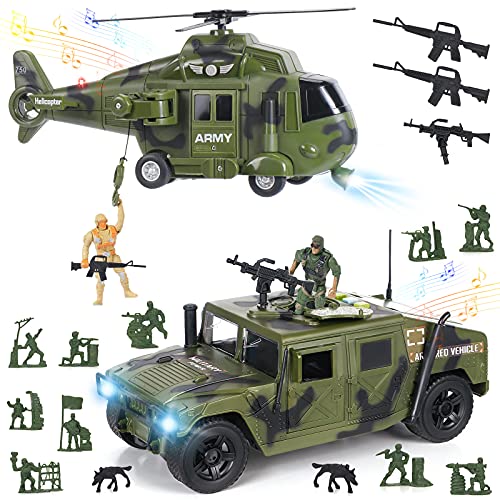 Tacobear Militar Juguete 18Pieza Vehículo Militar Avión de Transporte Camión Juguete Militar Ejército Juguete con Luz Sonido Soldados de Juguete Plastico Militar Regalo para niños 4 5 6 7 8 9+ años