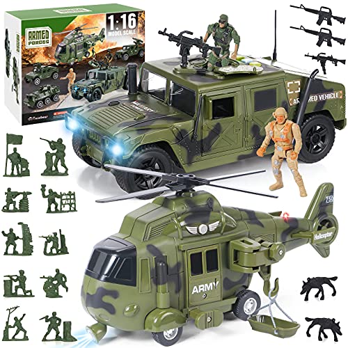 Tacobear Militar Juguete 18Pieza Vehículo Militar Avión de Transporte Camión Juguete Militar Ejército Juguete con Luz Sonido Soldados de Juguete Plastico Militar Regalo para niños 4 5 6 7 8 9+ años