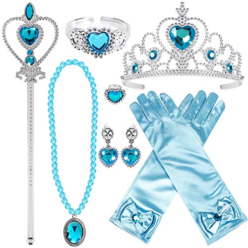 Tacobear Princesa Disfraz Accesorios Niña Princesa Collar Corona Guantes Pendiente Varita Mágica Pulsera Anillo Princesa Joyas Cosplay Accesorios (Azul- Princesa Elsa Cenicienta)