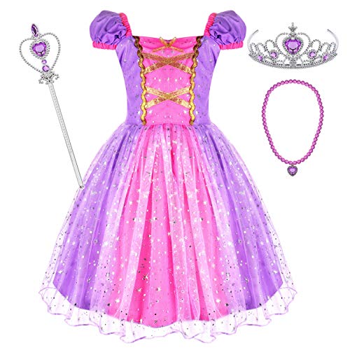 Tacobear Princesa Disfraz Niña Princesa Vestido con Collar Varita Mágica Corona Halloween Cosplay Carnaval Princesa Disfraces para Niña 2 3 4 5 6 Años(5-6 Años)