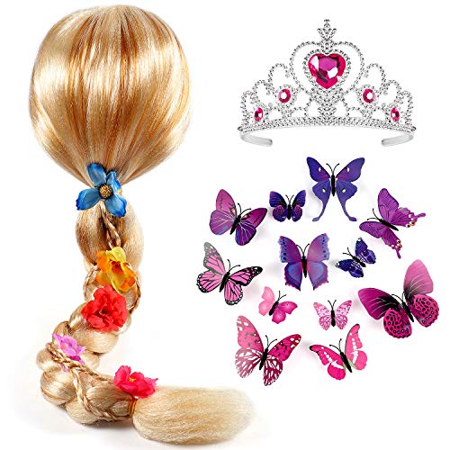 Tacobear Princesa Peluca Trenza con Princesa Corona y Mariposa Broche Princesa Sofia Disfraz Accesorios para niñas