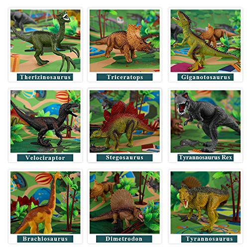 TEMI figura de dinosaurio de juguete con alfombrilla de juego y árboles, juego educativo realista de dinosaurios para crear un mundo dinosaurio incluyendo T-Rex, Triceratops, Velociraptor