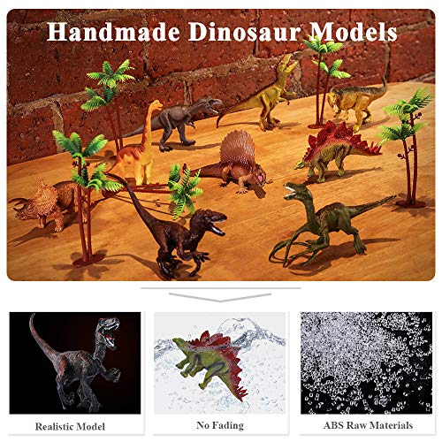 TEMI figura de dinosaurio de juguete con alfombrilla de juego y árboles, juego educativo realista de dinosaurios para crear un mundo dinosaurio incluyendo T-Rex, Triceratops, Velociraptor