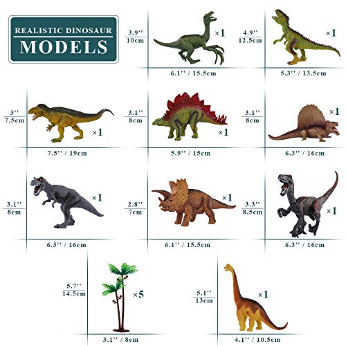 TEMI figura de dinosaurio de juguete con alfombrilla de juego y árboles, juego educativo realista de dinosaurios para crear un mundo dinosaurio incluyendo T-Rex, Triceratops, Velociraptor