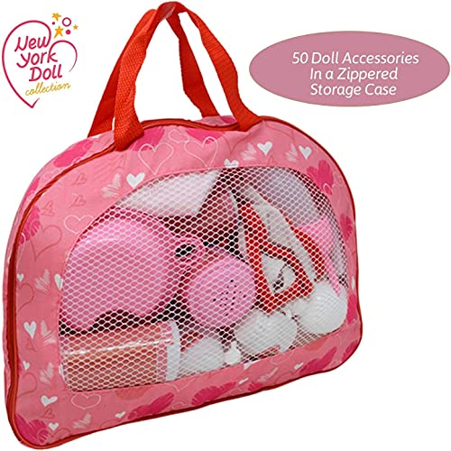 The New York Doll Collection 50 Pieza Bebé Muñeca Juego de Accesorios de Alimentación y Cuidado en Estuche de Transporte con Cremallera - Accesorios para Muñecas