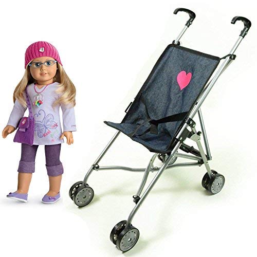 The New York Doll Collection Corazones Calesa para Niños - Mezclilla Súper Lindo Muñeca Cochecito para Muchachas - Pliegues para Almacenamiento - Encaja para 18 pulgadas / 46 cm