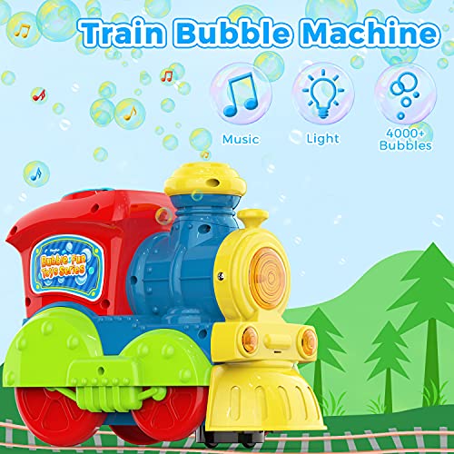 Theefun Máquina de Burbujas, Máquina de Burbujas para Niños Soplador de Burbujas de Tren Automático para Niños Pequeños al Aire Libre / Interior con 2 Soluciones de Burbujas y Destornillador