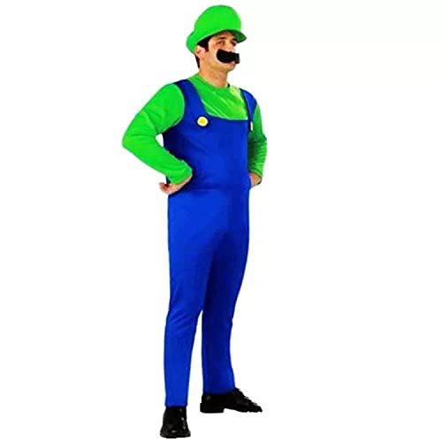 thematys® Super Mario Luigi Gorra + pantalón + Barba - Traje Conjunto para Adultos Carnaval y Cosplay (L, Talla 170-185cm)