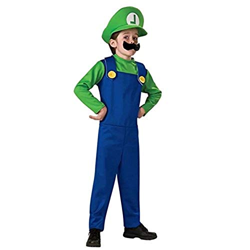 thematys® Super Mario Luigi Gorra + pantalón + Barba - Traje Conjunto para niños Carnaval y Cosplay (L, Talla 130-140cm)