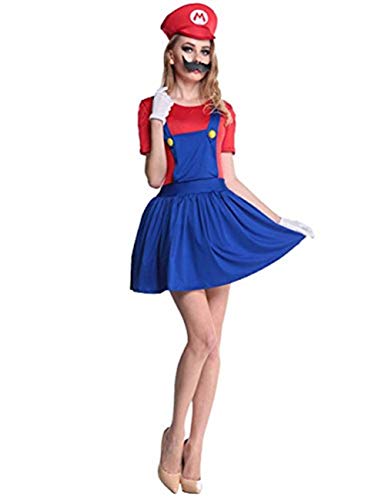 thematys Super Mario Luigi Gorra + Vestido + Barba + Guantes - Conjunto de Vestuario para Mujer Carnaval y Cosplay (M, Talla 160-165cm)