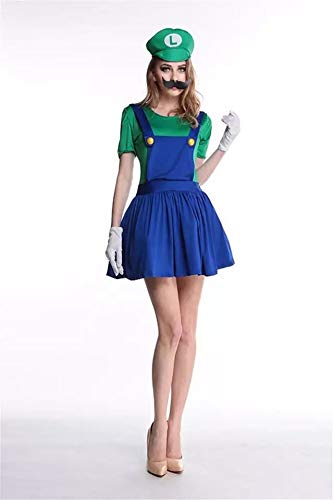 thematys Super Mario Luigi Gorra + Vestido + Barba + Guantes - Conjunto de Vestuario para Mujer Carnaval y Cosplay (M, Talla 160-165cm)