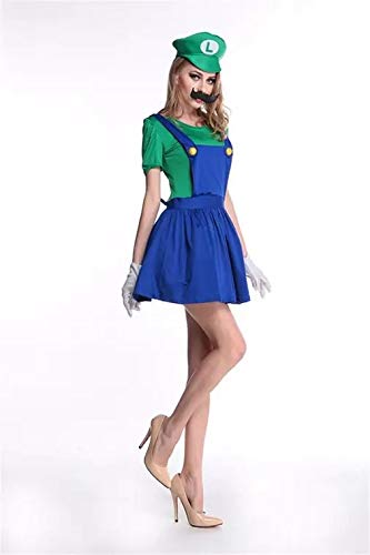 thematys Super Mario Luigi Gorra + Vestido + Barba + Guantes - Conjunto de Vestuario para Mujer Carnaval y Cosplay (M, Talla 160-165cm)