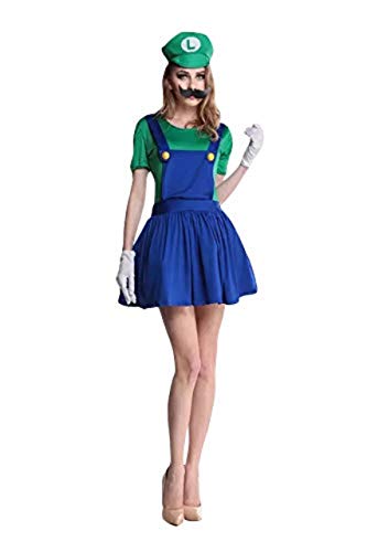 thematys Super Mario Luigi Gorra + Vestido + Barba + Guantes - Conjunto de Vestuario para Mujer Carnaval y Cosplay (M, Talla 160-165cm)