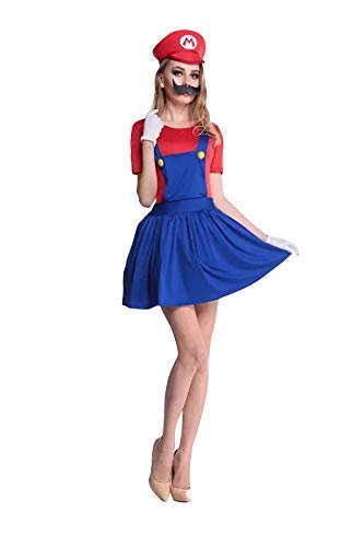 thematys Super Mario Luigi Gorra + Vestido + Barba + Guantes - Conjunto de Vestuario para Mujer Carnaval y Cosplay (S, 150cm-155cm)